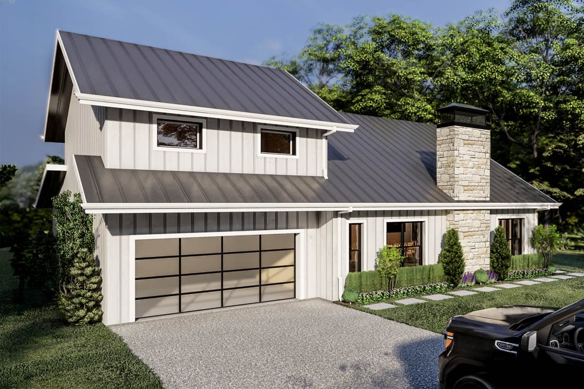 Modern farmhouse house plan exterior with board-and-batten siding, metal roof, stone chimney, and glass garage door.