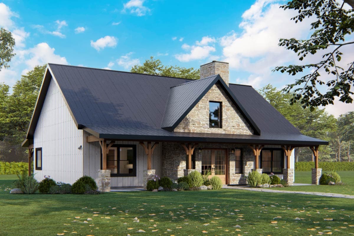House plan exterior. Modern farmhouse style with gabled roof, stone chimney, and covered porch with exposed timber supports.