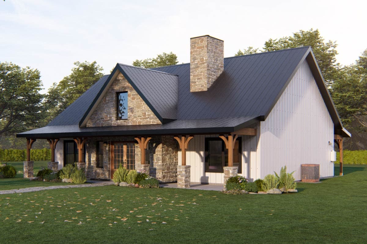 House plan exterior: Rustic modern style with stone accents, wide covered porch with wooden posts, and metal roof.