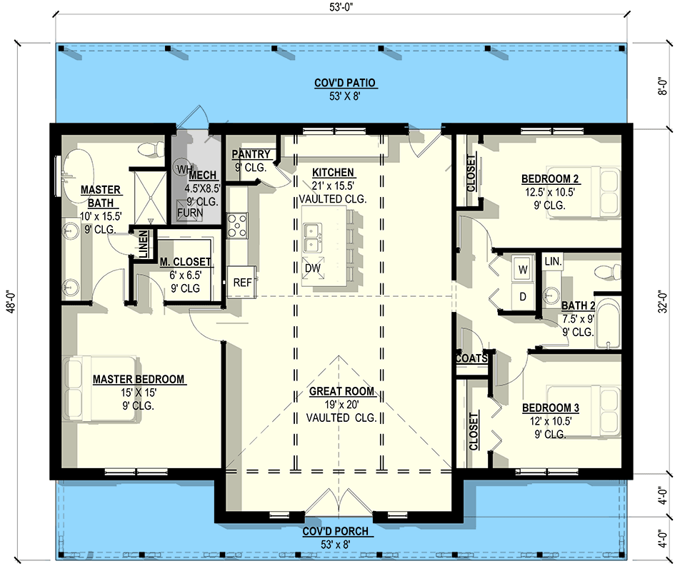 Plan 405011FDC: 3-Bedroom Modern Ranch Plan with Vaulted Great Room and Dual Porches - Floor Plan - Main Level - Country, Ranch