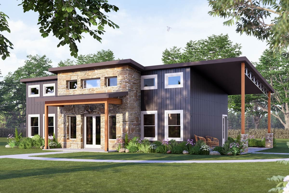 House plan exterior. Two-story modern home with stone facade, covered porch, and shed roof. Vertical siding on the second story.