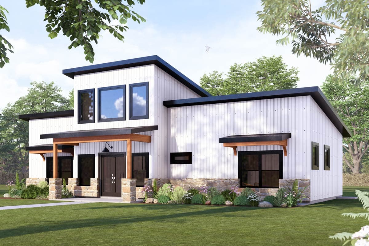 House plan exterior with modern farmhouse style. Two-story home with covered entry porch, flat roof, and stone facade accents.