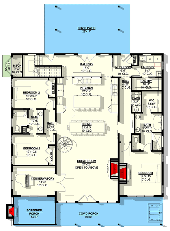 Plan 405015FDC: Elegant 4 Bedroom Barndominium Home Plan with Loft and Dual Porches - Floor Plan - Main Level - Barndominium, Country