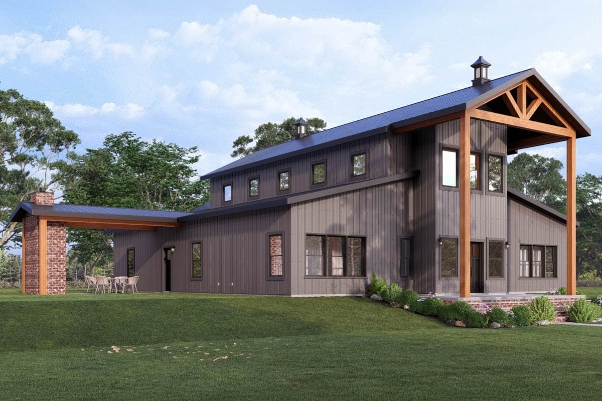Modern barn style house plan exterior with dark vertical siding, a gambrel roof, and a covered entryway supported by timber posts.