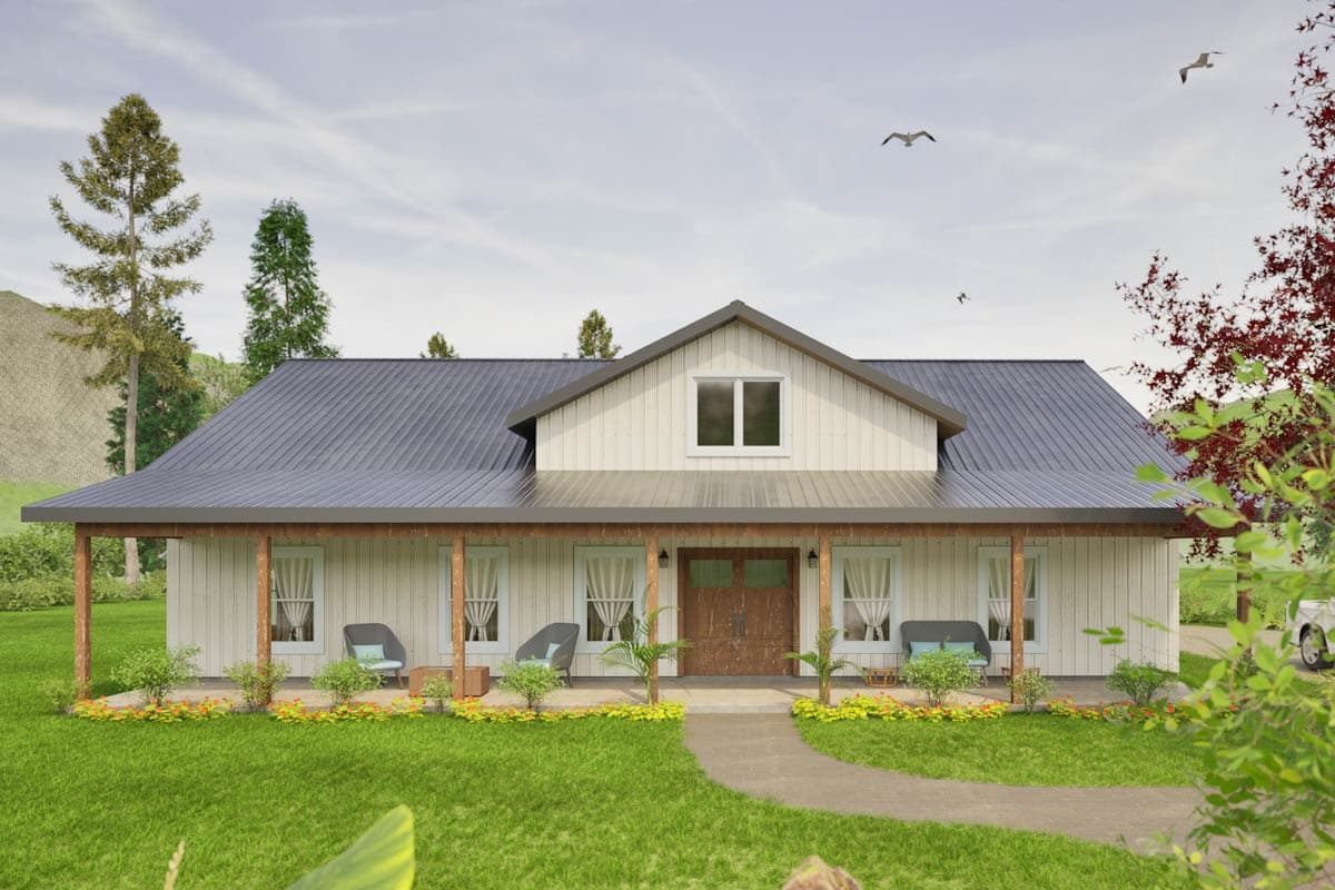 House plan exterior: single-story modern farmhouse with metal roof, wide covered front porch, and gabled dormer.