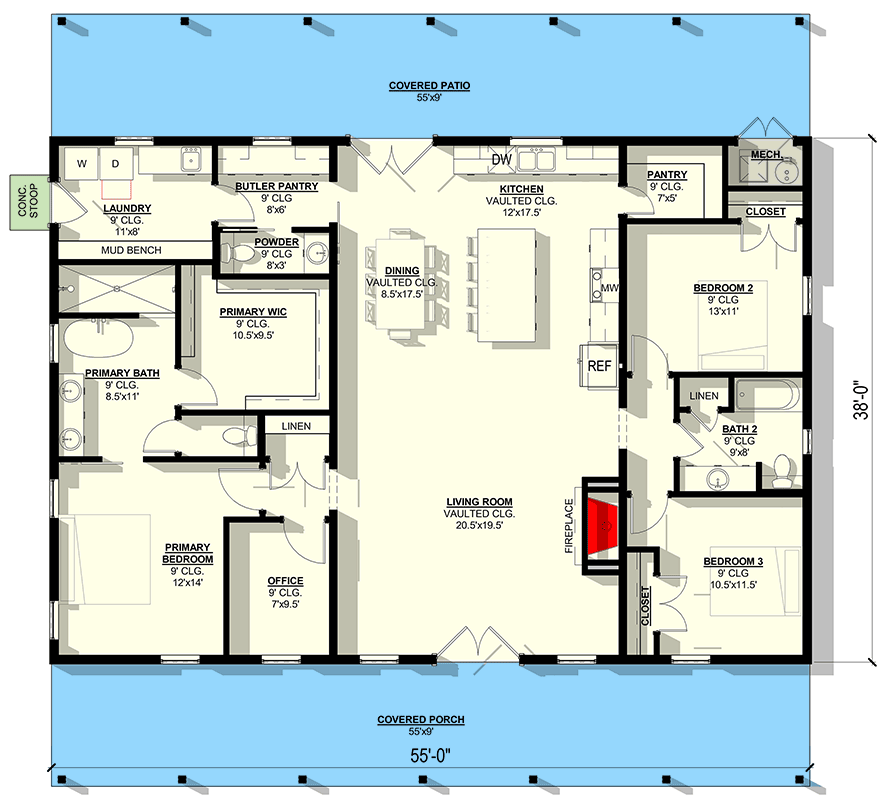 Plan 405017FDC: 3-Bed Modern Farmhouse Plan with Vaulted Living Room & Covered Outdoor Living - Floor Plan - Main Level - Country, Farmhouse