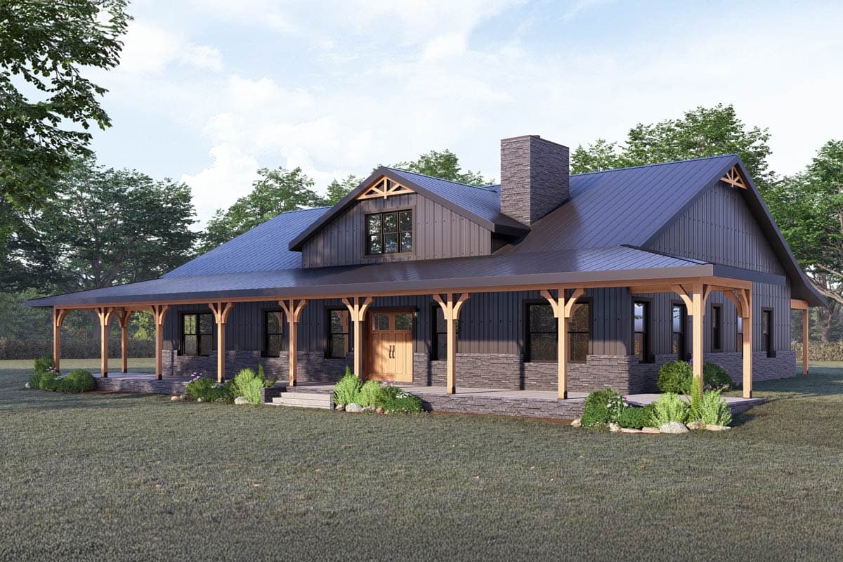 House plan exterior: Ranch style, metal roof, stone accents, and wide covered porch with timber posts.