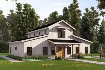 4-Bedroom Barndominium-Style Home Plan with Vaulted Living Room and Dual Outdoor Porches