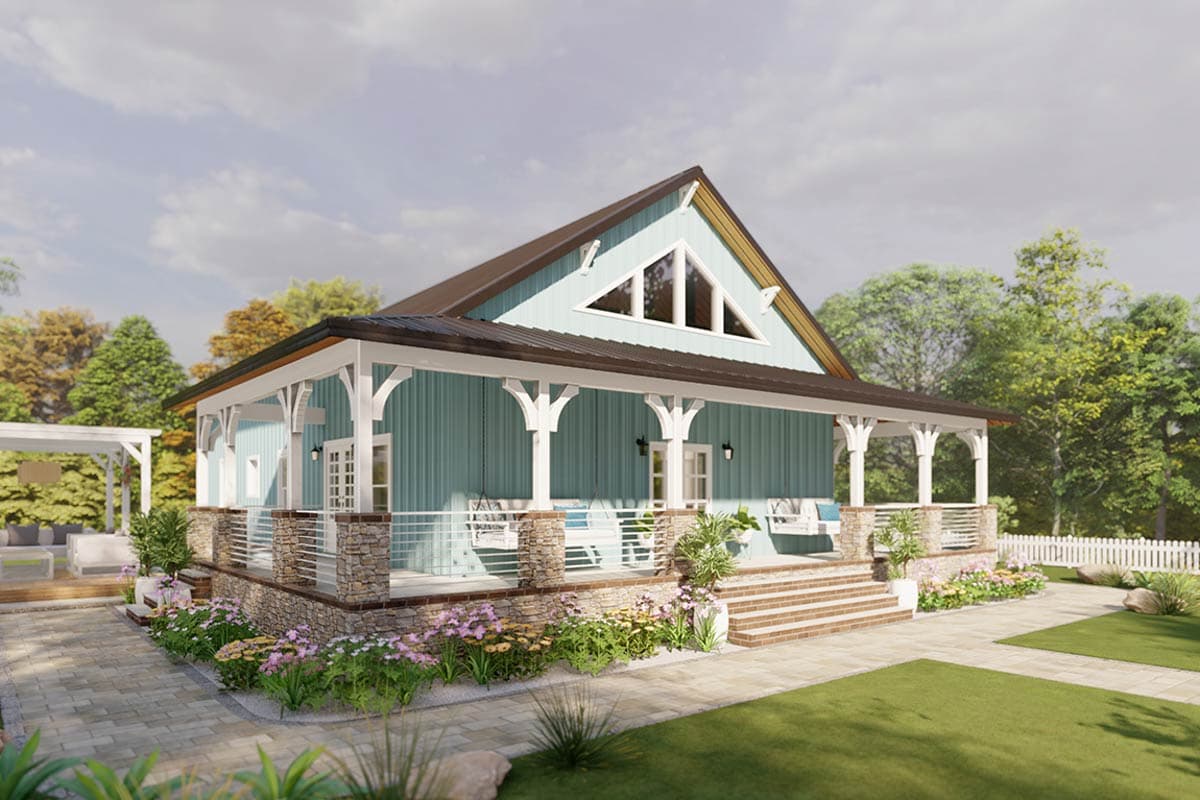 House plan exterior. One-story house with a Craftsman style. Features include a wraparound porch, a gable, and a triangle-shaped window.