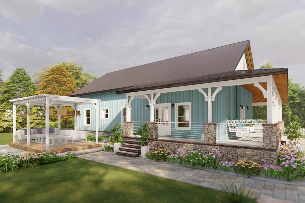 House plan exterior: Ranch style, one story, with wraparound porch, stone accents, and a detached pergola.