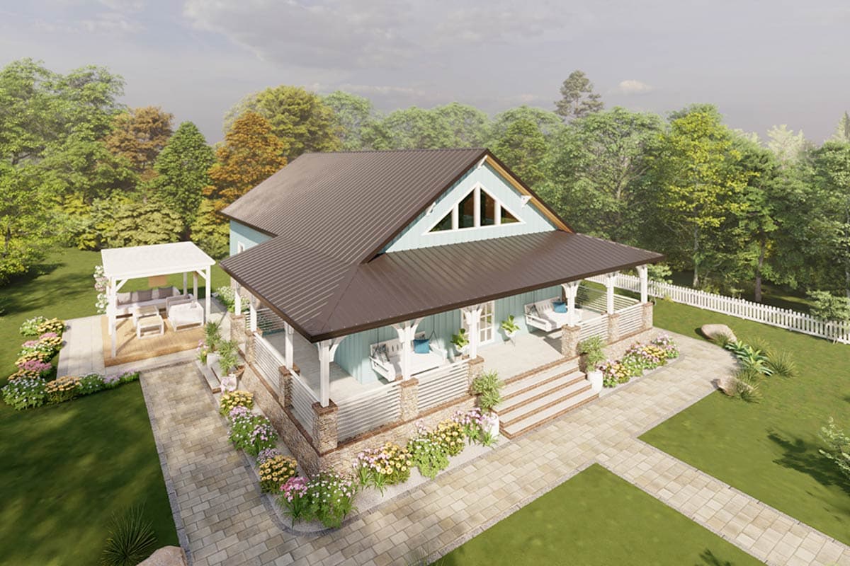 House plan exterior: A one-and-a-half story Modern Farmhouse with a wraparound porch, gabled dormers, and a detached gazebo.