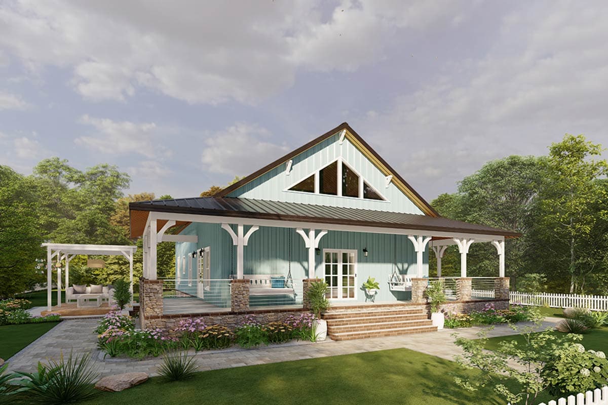 House plan exterior: Modern Farmhouse style, two stories, wrap-around porch with stone accents, metal roof, and triangular gable windows.