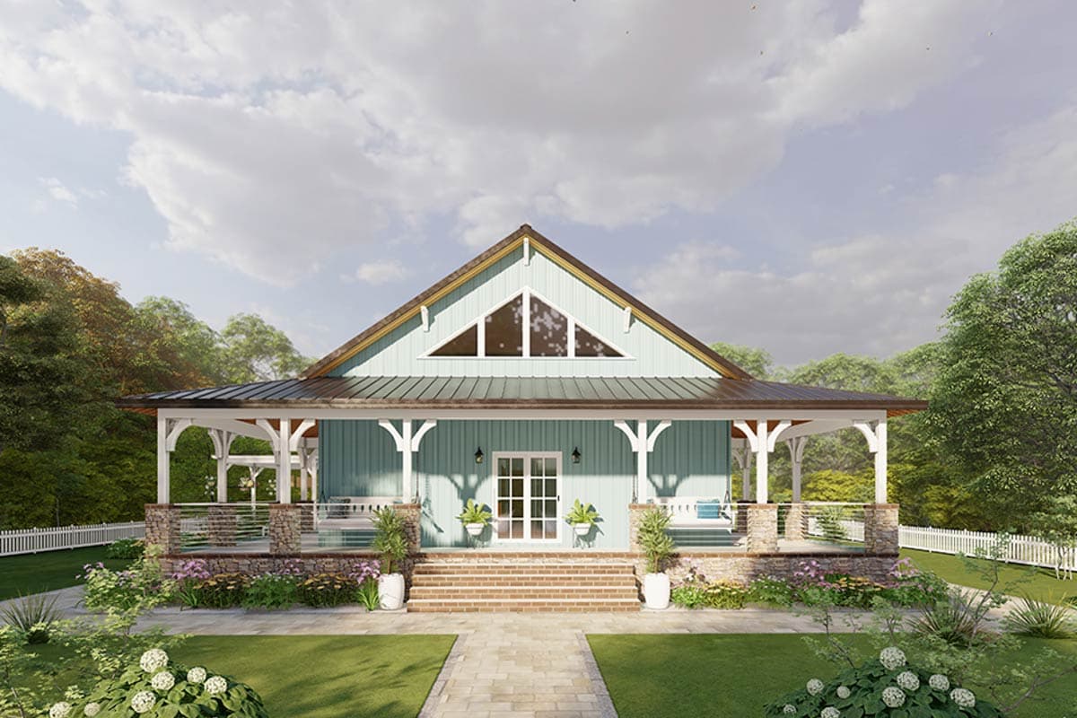 House plan exterior: Modern Farmhouse style, one story, wrap-around porch with stone supports, prominent gable with triangular window.