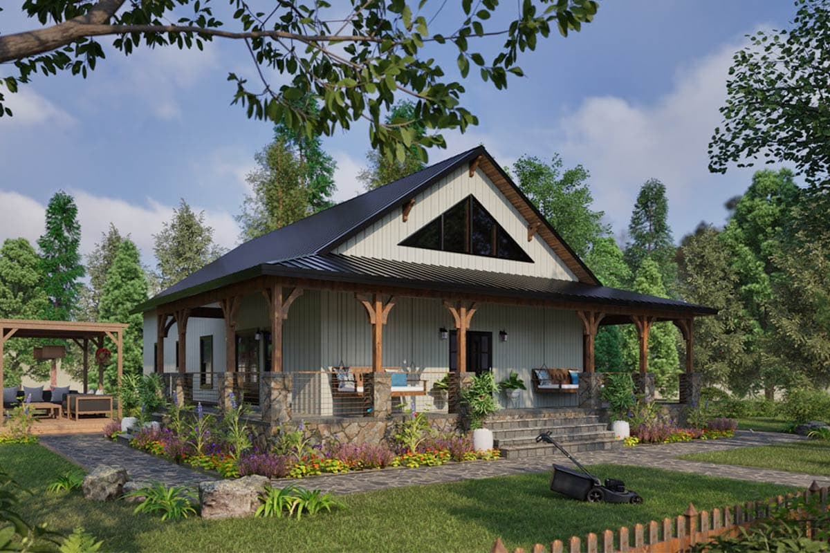 Modern farmhouse house plan exterior with wrap-around porch, stone accents, gabled roof, and triangular window.