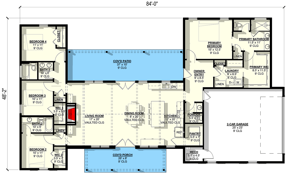 Plan 405023FDC: 4-Bedroom Barndominium Ranch House Plan with Vaulted Living and Dual Outdoor Spaces - Floor Plan - Main Level - Barndominium, Farmhouse, Ranch