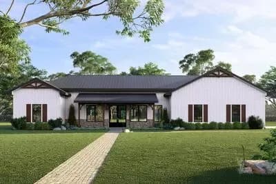 4-Bedroom Barndominium Ranch House Plan with Vaulted Living and Dual Outdoor Spaces