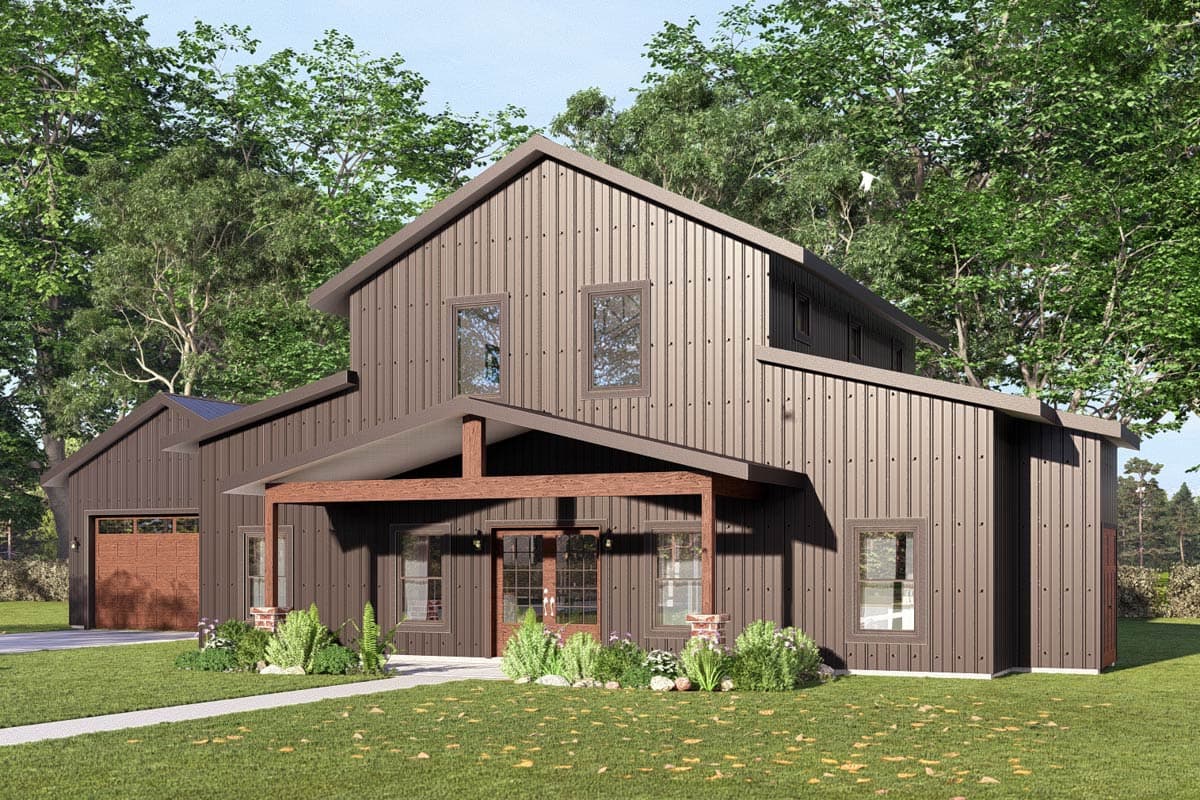 Modern Farmhouse house plan exterior, two stories, metal siding, covered front porch with wooden beams, and attached garage.