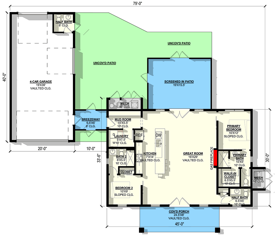 Plan 405024FDC: 2-Bedroom Barndominium-Style House Plan with Vaulted Great Room and Breezeway to 4-Car Garage - Floor Plan - Main Level - Barndominium, New American