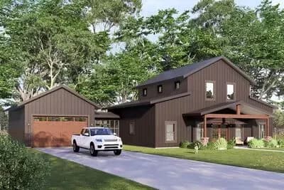 2-Bedroom Barndominium-Style House Plan with Vaulted Great Room and Breezeway to 4-Car Garage
