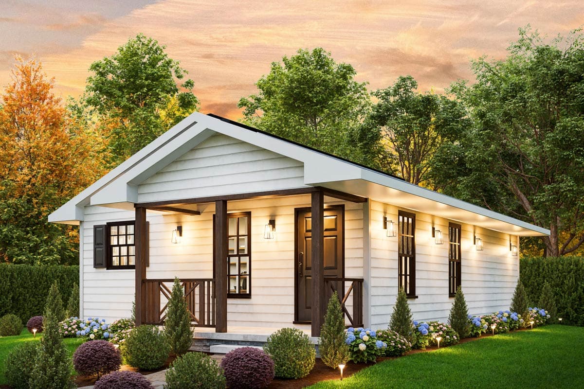 House plan exterior: Modern Farmhouse, one story, covered porch with columns, gable roof, and plank siding.