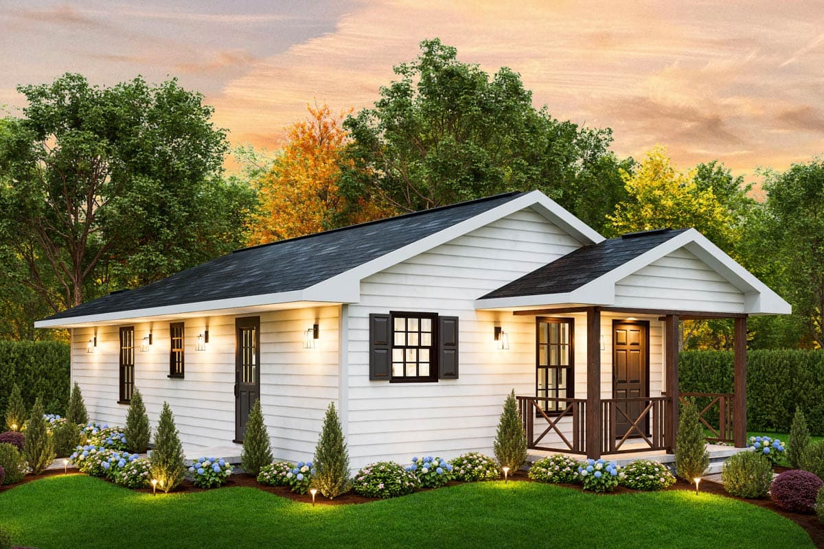 House plan exterior: One-story Modern Farmhouse with a covered front porch, gable rooflines, and horizontal siding.