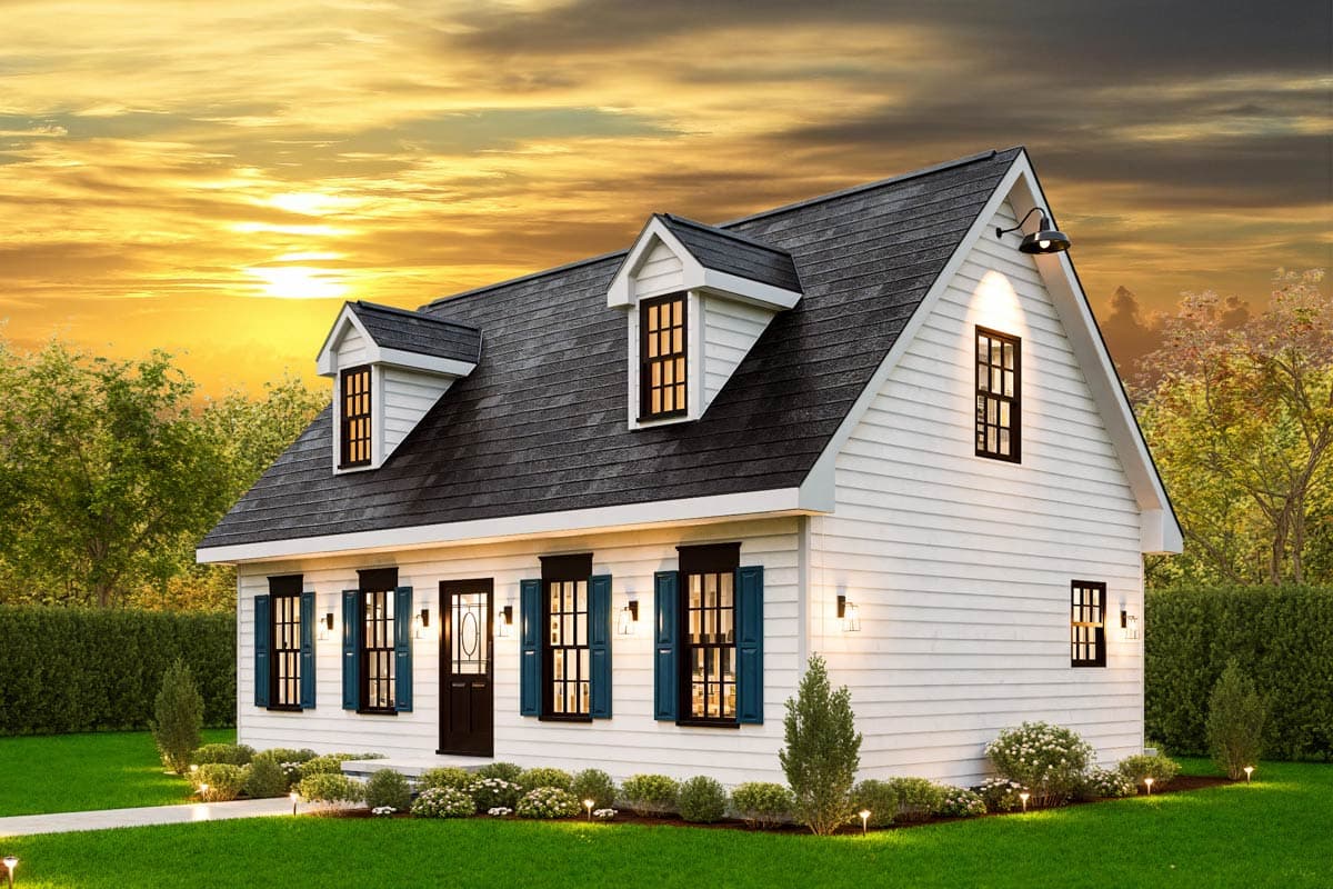 House plan exterior: A two-story white house with a gambrel roof, dormers, dark shutters, and a covered entryway with a glass-paneled door.