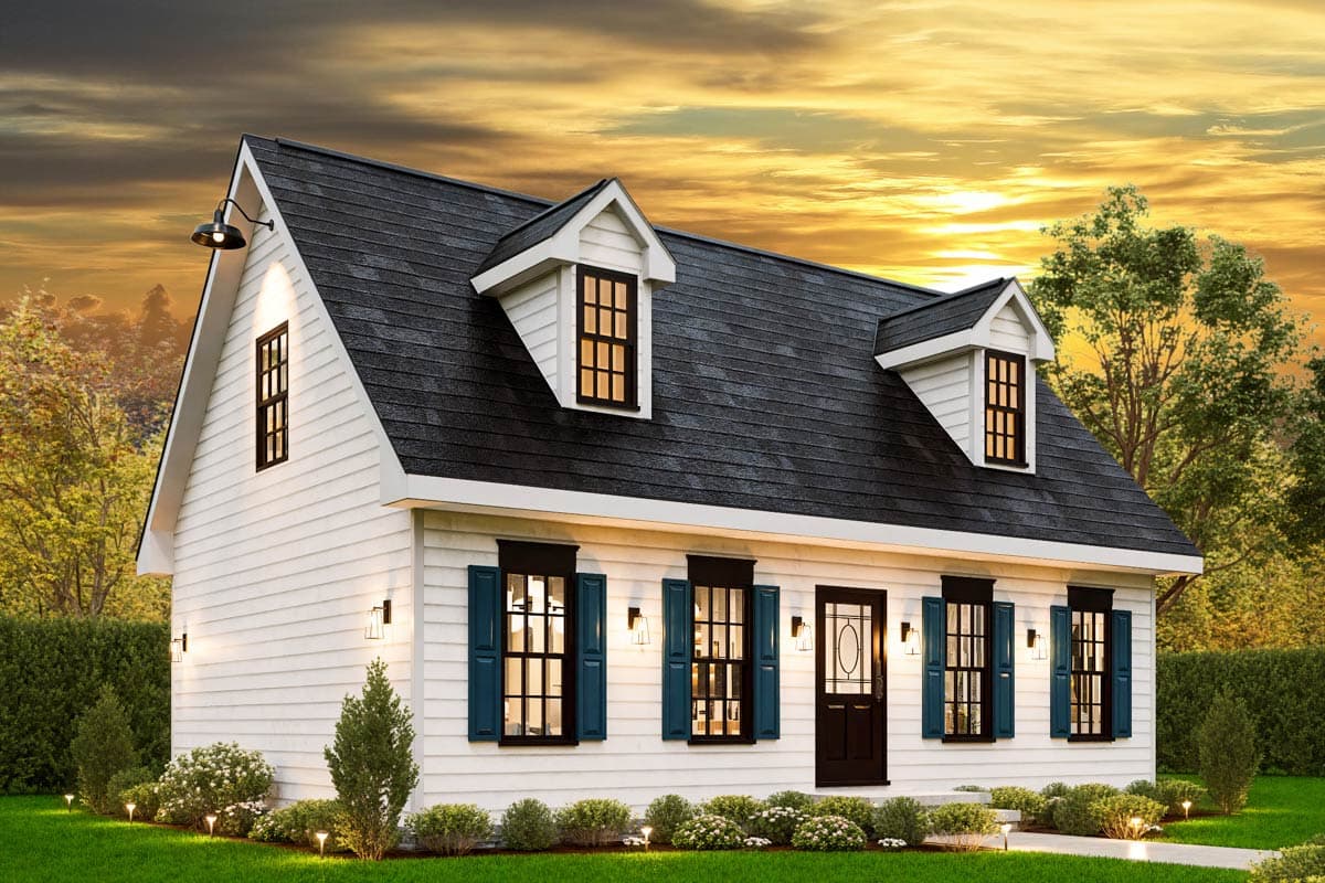 House plan exterior: Gable roof, dormers, central entry, multi-pane windows with shutters, and exterior lighting.