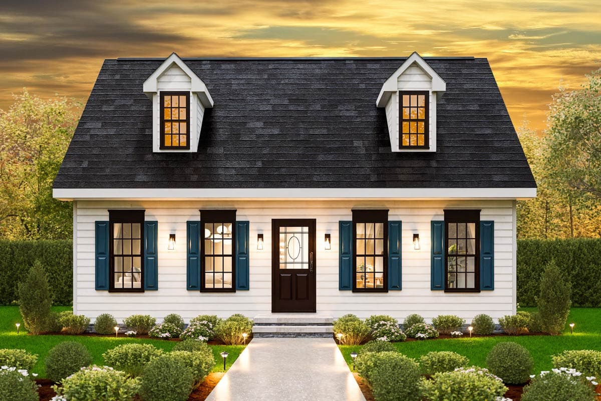 House plan exterior featuring two-story design, dormers, shutters, and a central entry door with sidelights. The roofline includes gables.