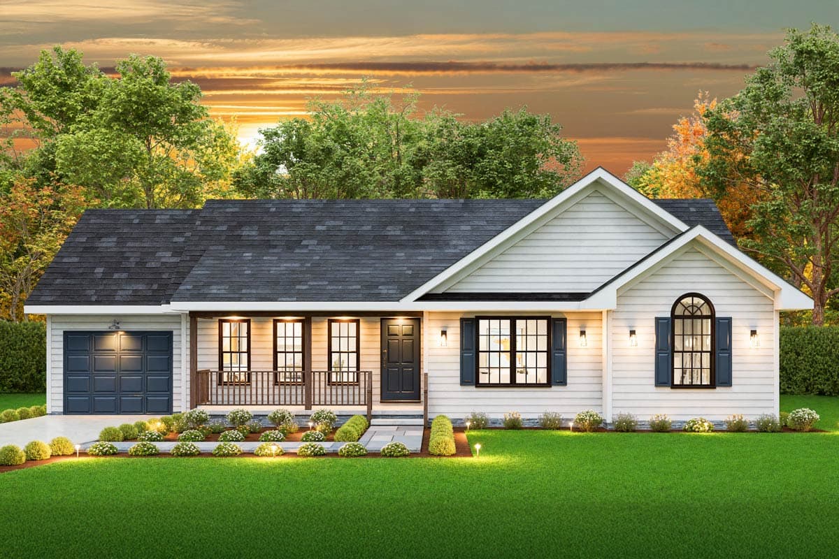 House plan exterior. Ranch style with a gabled roof, front porch, and garage. Features include a symmetrical facade and decorative shutters.