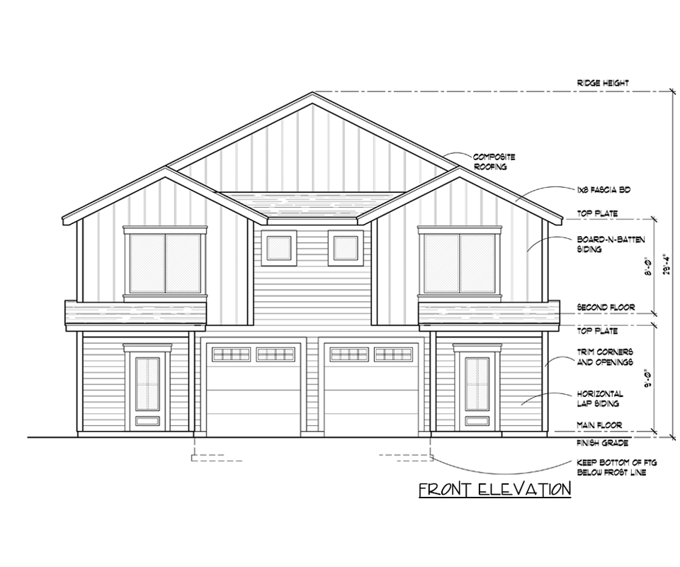Front elevation drawing of a two-story house plan featuring board-n-batten and lap siding, two front doors, and two garage doors.