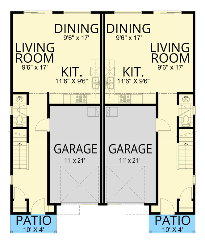 Plan 267083SPK: 3-Bed Traditional-Style Duplex House Plan with Patio - 1447 Sq Ft Each - Floor Plan - Main Level - Traditional