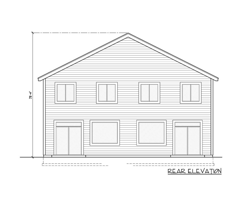 Rear elevation drawing of a two-story house with double doors, large windows, and a gabled roof.