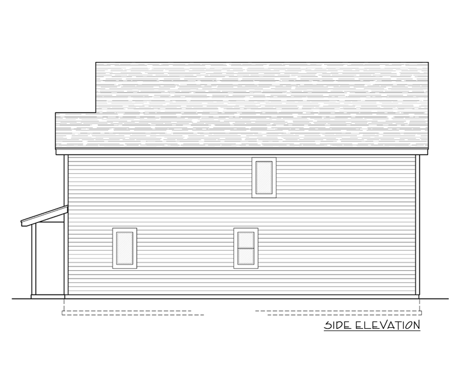 Side elevation drawing of a two-story house plan with horizontal siding, three windows, and a covered entrance.