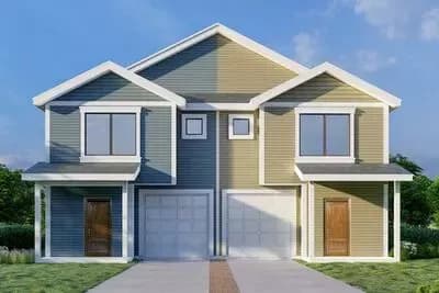 3-Bed Traditional-Style Duplex House Plan with Patio - 1447 Sq Ft Each