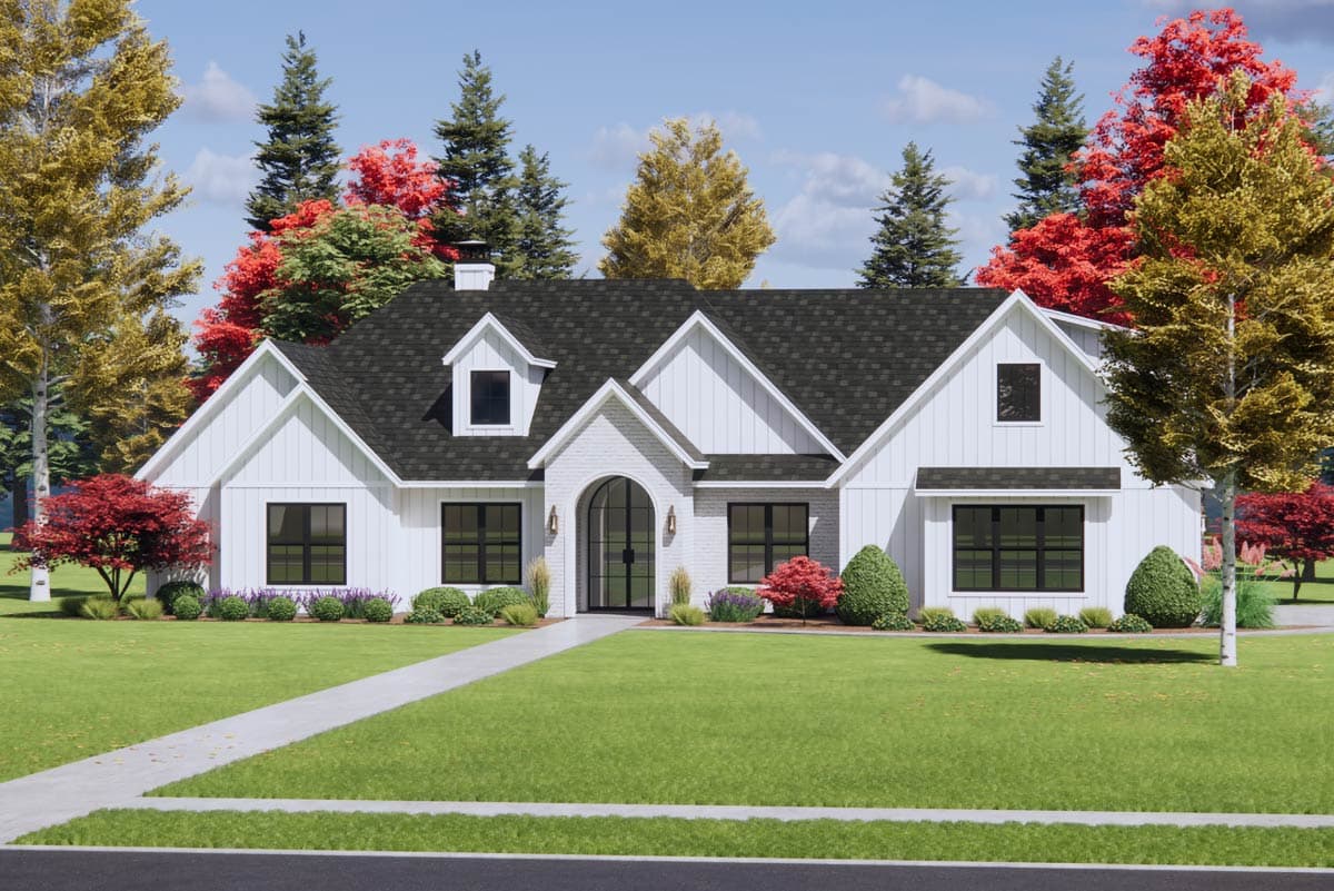 House plan exterior: Modern Farmhouse style, one-story with gables, a dormer, and an arched entryway with double doors.