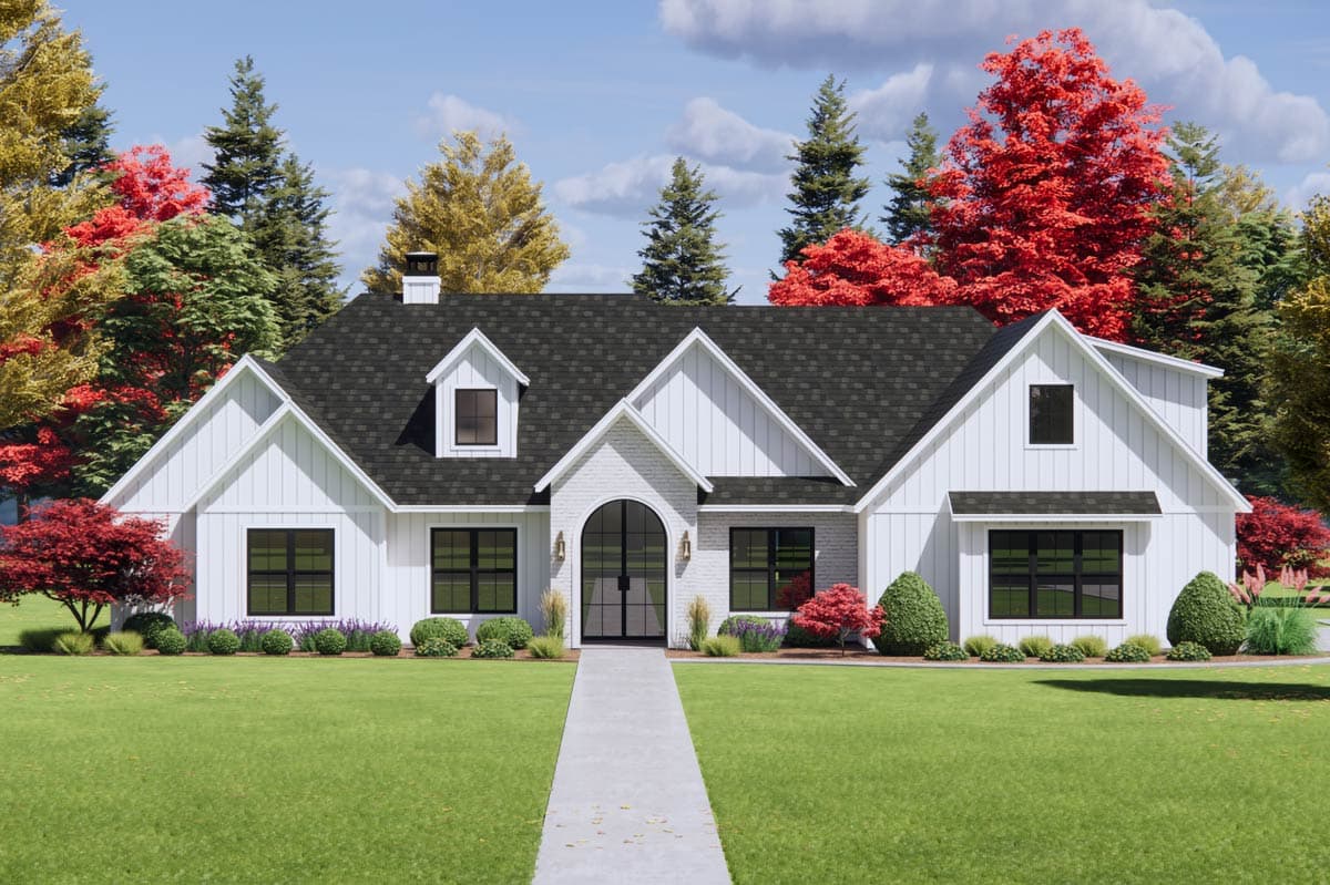 Modern Farmhouse style house plan exterior. Single-story with multiple gables, dormer, arched entry, and board-and-batten siding.