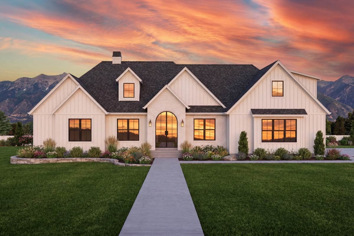 Modern Farmhouse house plan exterior with board and batten siding, gables, dormer window, and arched entry.
