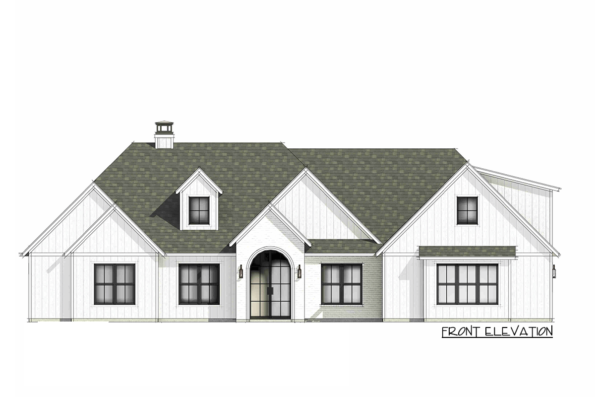 Front elevation of a Modern Farmhouse plan featuring board and batten siding, brick accents, gables, and a metal arch-top entry.