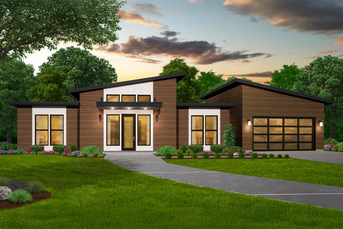 House plan exterior. Modern style, single story. Features include a side-entry garage, low-slope roof, and large windows with black trim.