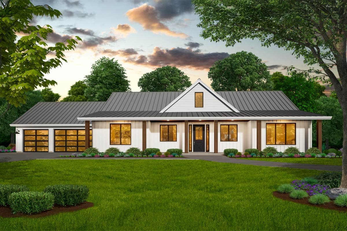 Modern Farmhouse style house plan exterior with metal roof, gabled dormer, covered porch, and three-car garage with glass doors.