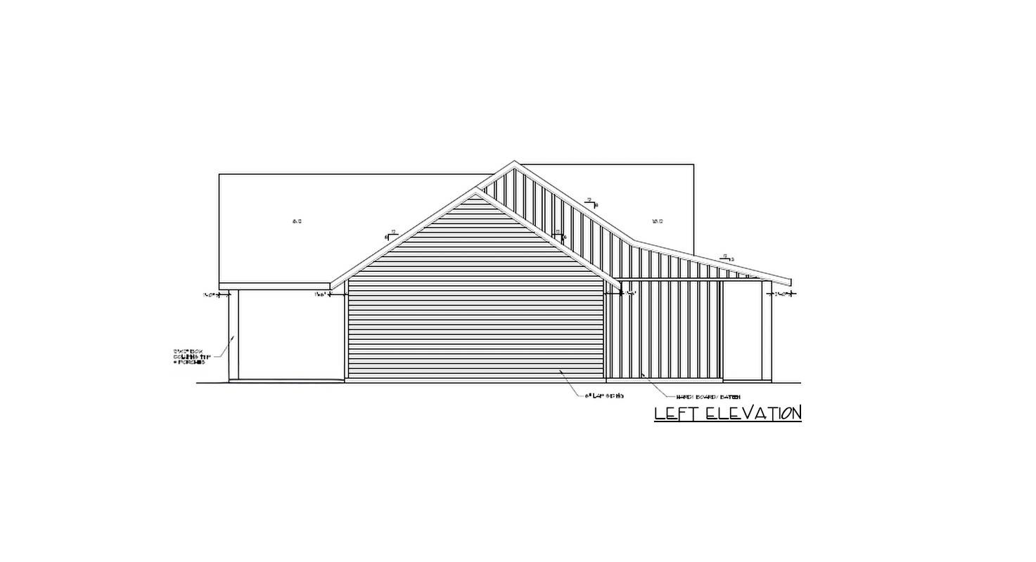 Left elevation house plan showing a gable roof, horizontal siding, and a covered porch with vertical siding.