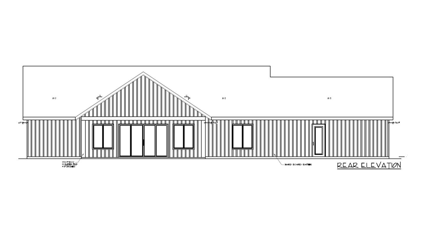 Rear elevation drawing of a house plan with a prominent gable, board and batten siding, and large sliding doors.