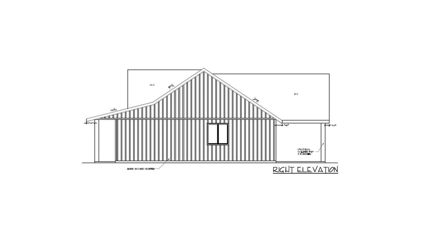 Right elevation house plan drawing with vertical siding, gable roof, and covered porch.