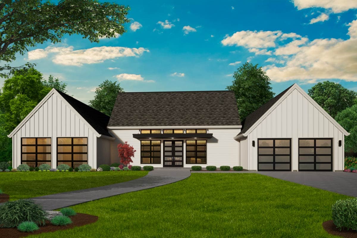 House plan exterior. Modern farmhouse style with gabled roofs, a dark roofline, and glass garage doors. Features large windows.