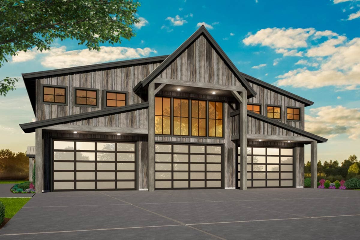 Modern house plan exterior with vertical wood siding, a prominent gable, large windows, and three glass-paneled garage doors.