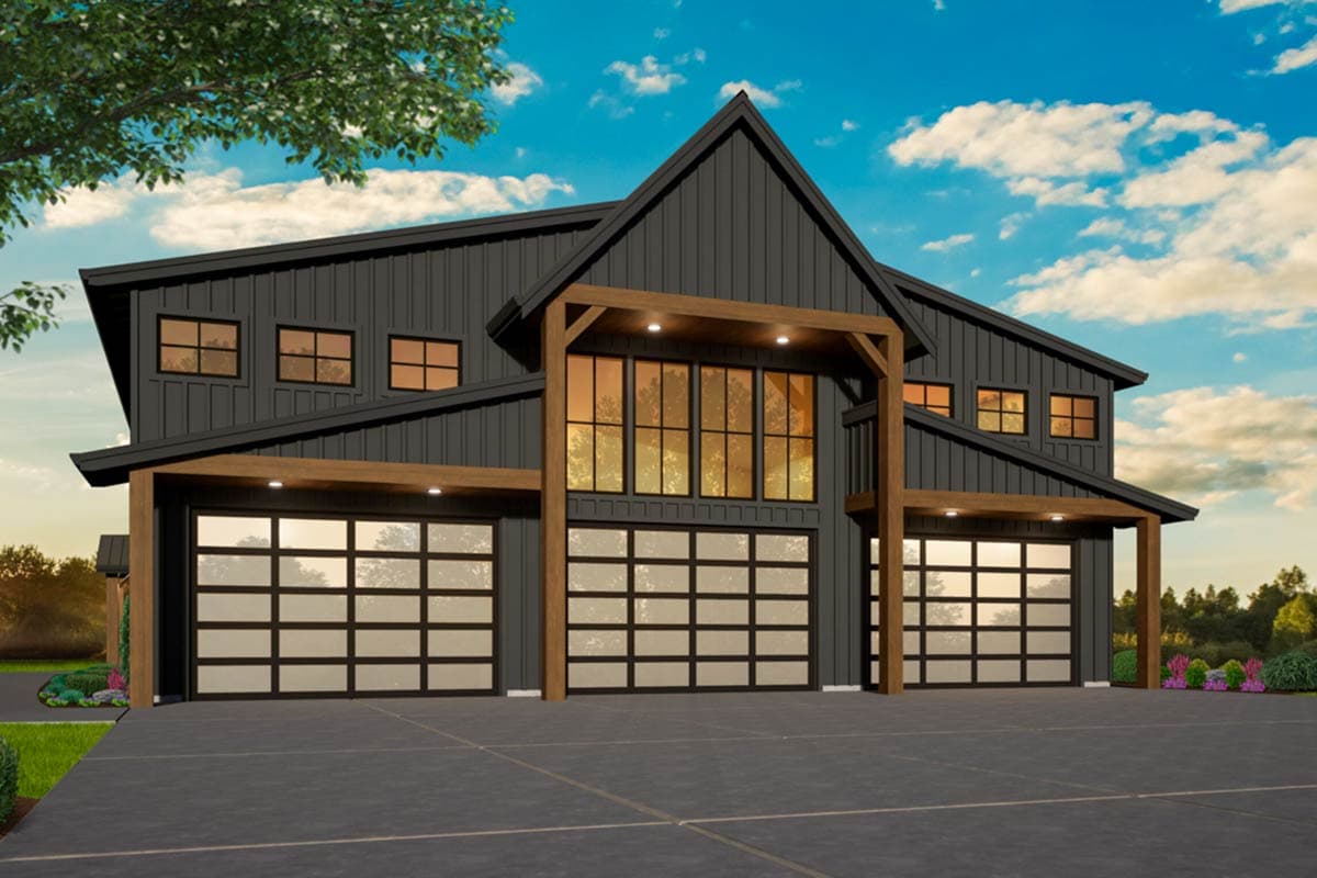 House plan exterior with modern barn-style design. Features include a three-car garage, clerestory windows, and a gable roof with wood detailing.