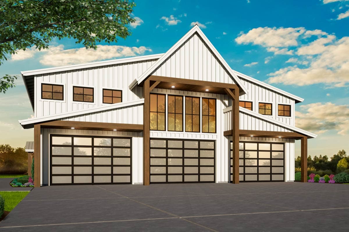 Modern house plan exterior with vertical siding, multiple gables, and three glass-paneled garage doors.