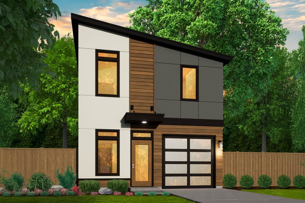 House plan exterior. Modern style, two-story home with a shed roof, wood siding accent, and an attached garage with glass panels.