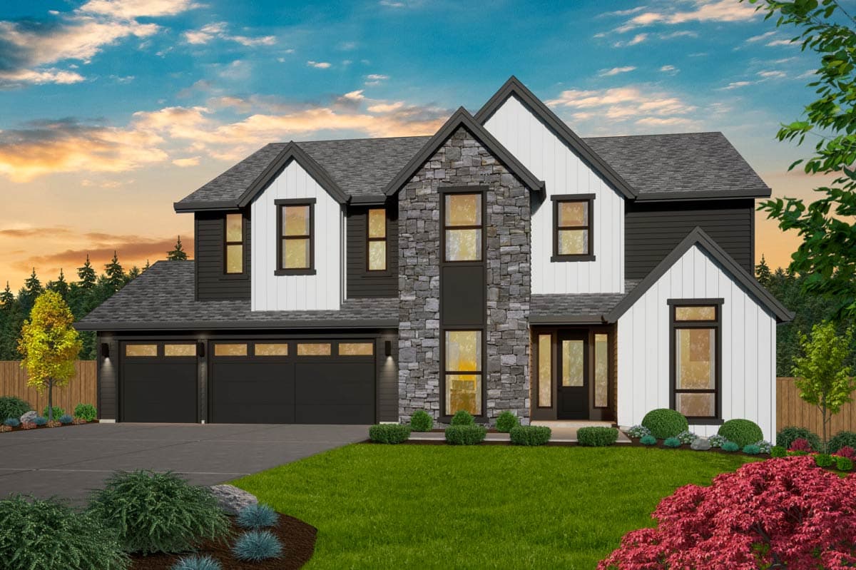 House plan exterior. Two-story Modern Farmhouse with gabled roof, stone facade, and a three-car garage. Features include board and batten siding.