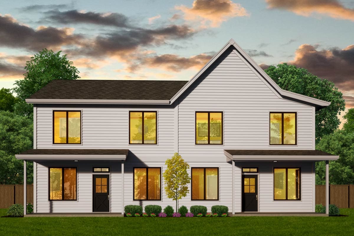 Two-story duplex house plan exterior with gable roof, covered entryways, and symmetrical window placement.